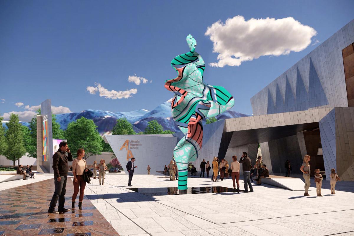 A rendering of Yinka Shonibare, Wind Sculpture (TG) II (2024), and the Almaty Museum of Arts’ East Entrance.
Visual render by Chapman Taylor. © Yinka Shonibare