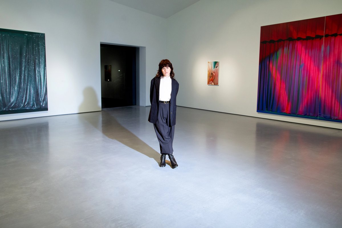Louise Giovanelli at her solo exhibition at the Hepworth Wakefield, A Song of Ascents, which includes ten of the artist’s newly commissioned paintings alongside nine of her existing works Photo: Timon Benson; art direction: Alexander Luc