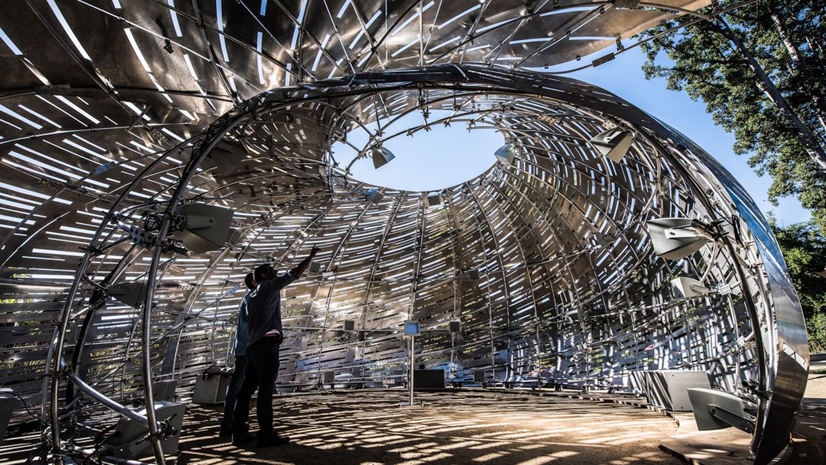 Orbit, 2016, created by Nasa in collaboration with STUDIOKCA and Shane Myrbeck. Creative Directors: Dan Goods, David Delgado (Nasa Jet Propulsion Lab). Pavilion Design: Jason Klimoski, STUDIOKCA. Audio Composition and Sound System Design: Shane Myrbeck. 3D audio produced in the Arup SoundLab. Courtesy Nasa Jet Propulsion Lab-Caltech.