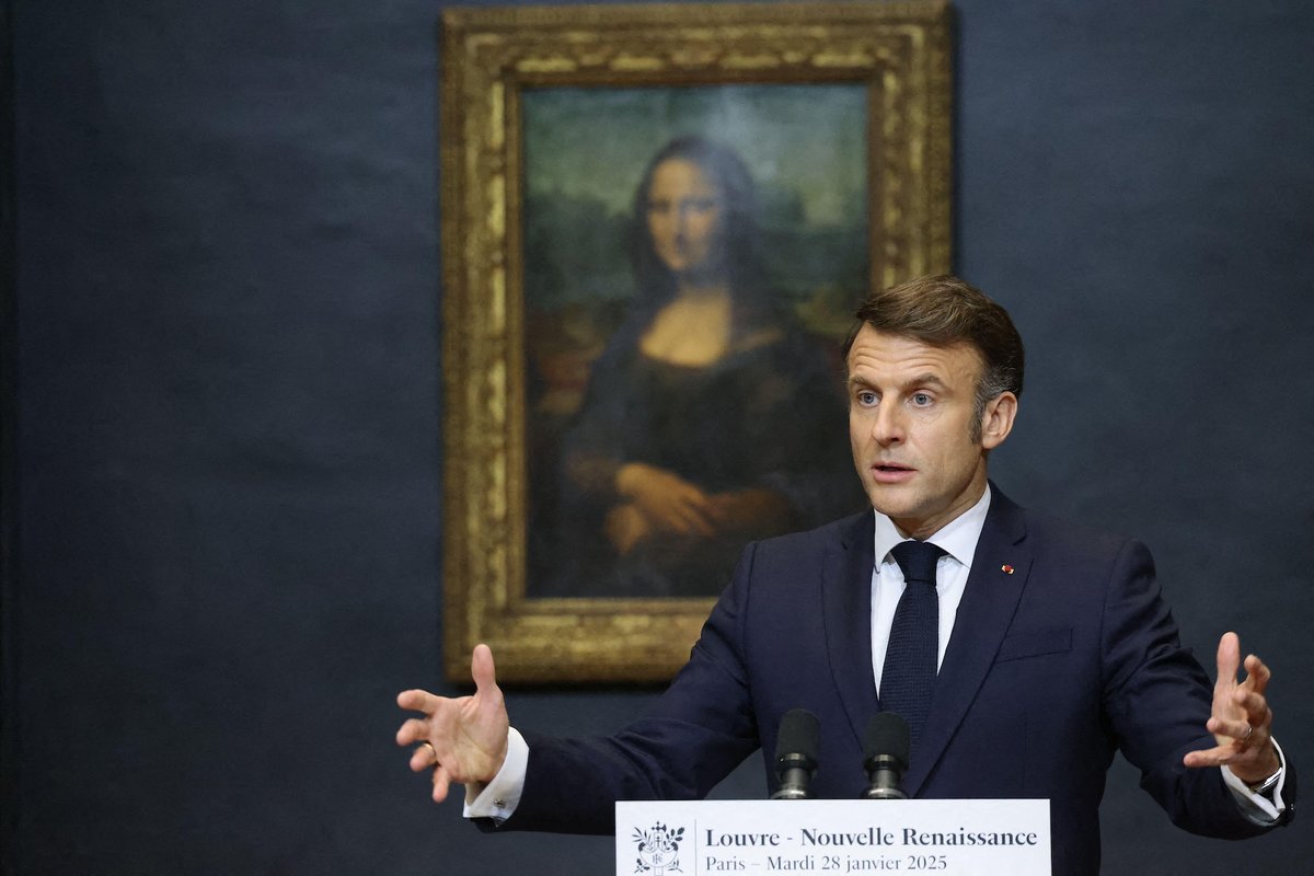 French President Emmanuel Macron speaks at the Musée du Louvre on 28 January Photo by Dominique Jacovides/Pool/ABACAPRESS.COM Credit: Abaca Press/Alamy Stock Photo
