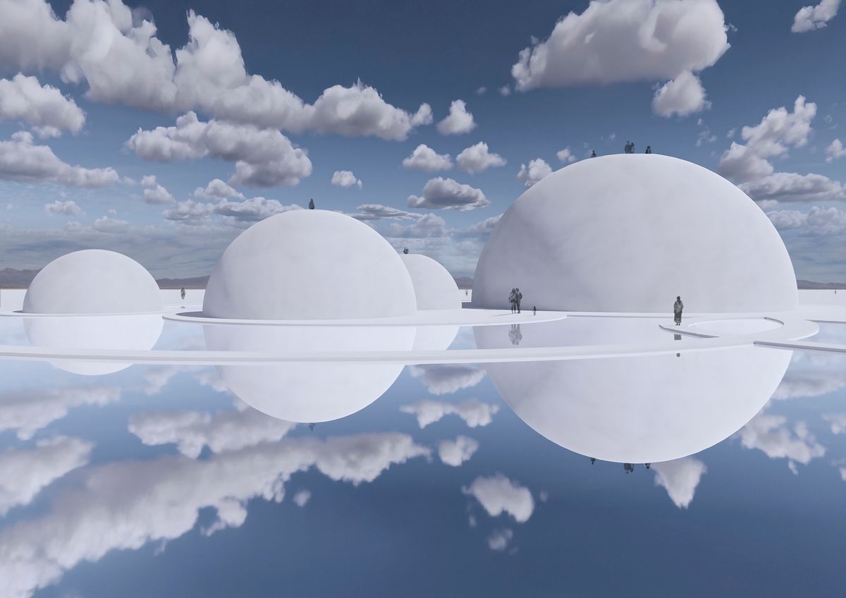 Rendering of The Sanctuary of Water, conceived by the artist Tomás Saraceno with the 11 Indigenous communities of the Red Atacama network, Salinas Grandes, northern Argentina. With the generous support of Haus der Kunst, Munich, The Aerocene Foundation, Studio Tomás Saraceno and many others. Courtesy the artist, Red Atacama and The Aerocene Foundation, as well as the art galleries neugerriemschneider, Berlin, Tanya Bonakdar, Los Angeles, Pinksummer, Genova, Andersen’s, Copenhagen and Ruth Benzacar, Buenos Aires. © Studio Tomás Saraceno