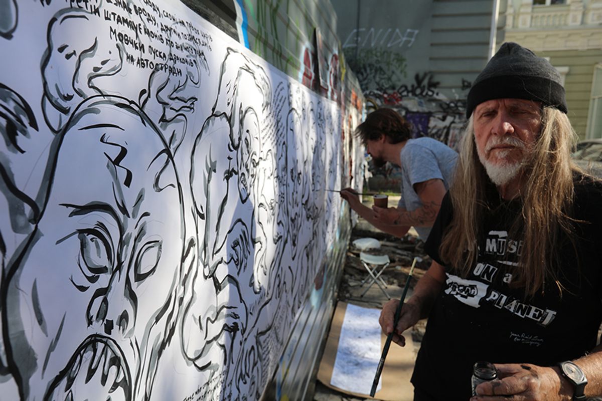 Australian artist George Gittoes at the Hrets'ka Square mural in Odessa Photo: Hellen Rose