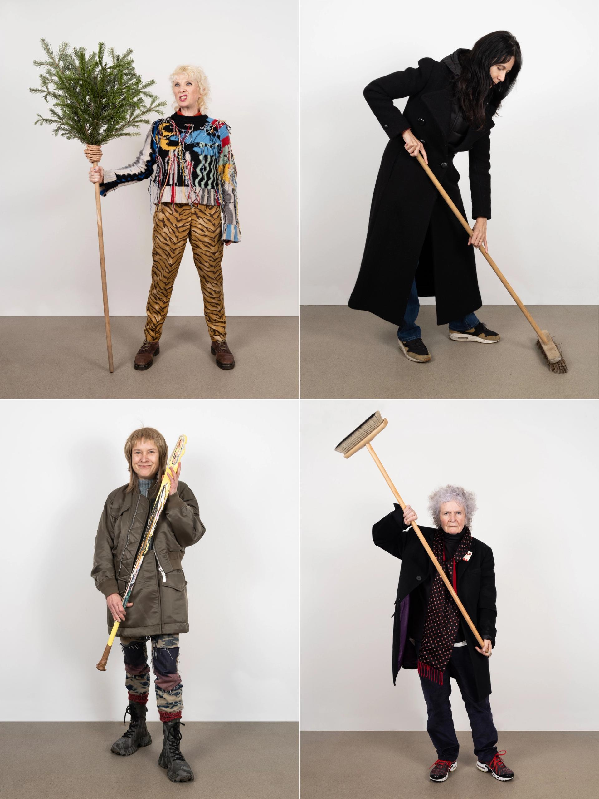 Gillian Wearing, Maggi Hambling, Sarah Lucas and Georgina Starr, some of the female British artists in the exhibition BIG WOMEN, brandishing homemade broomsticks Photo: Katie Morrison; courtesy of the artist and Sadie Coles HQ