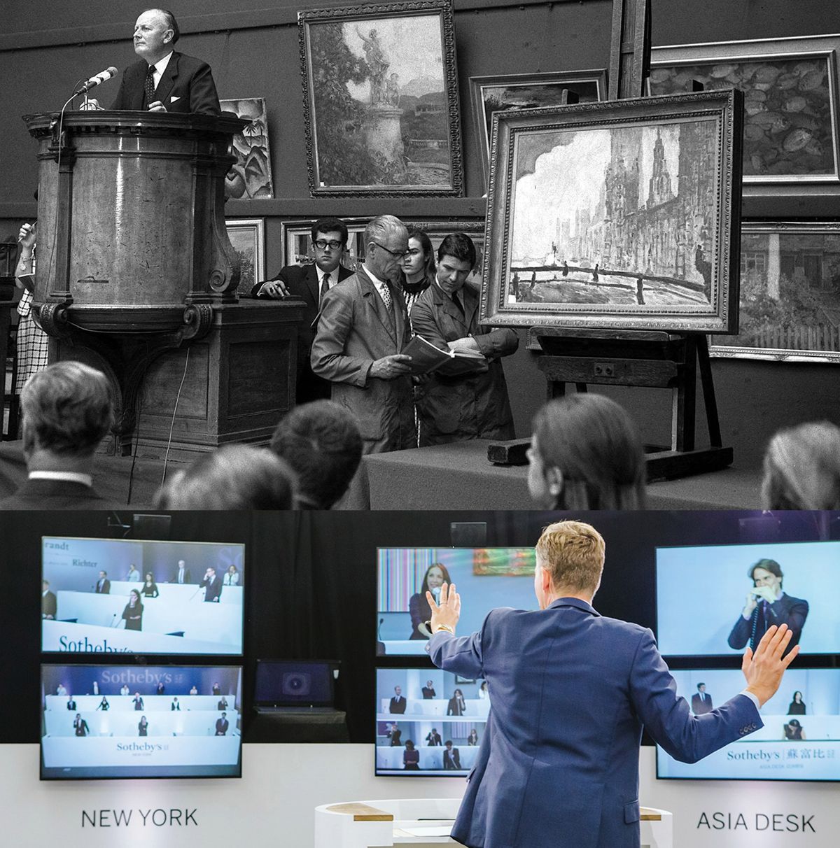 Sotheby’s then and now: Peter Wilson on the rostrum in 1968, and the livestreamed  Rembrandt to Richter auction in July. Top: PA Images/Alamy Stock Photo. Bottom: Courtesy of Sotheby’s.