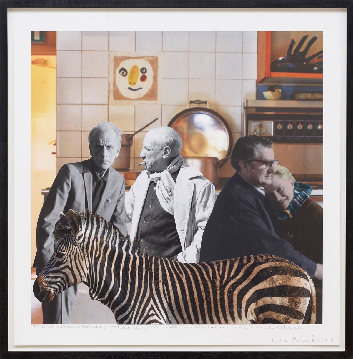 Peter Blake's Joseph Cornell’s Holiday – England, Farley Farm. With Picasso, Roland and Lee in the kitchen (2019) Courtesy the artist and Waddington Custot