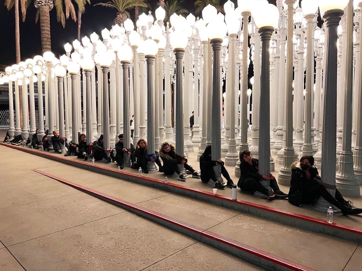 Protesters handcuffed themselves to Chris Burden’s celebrated Urban Light (2008) at the Los Angeles County Museum of Art  Courtesy of protesters 