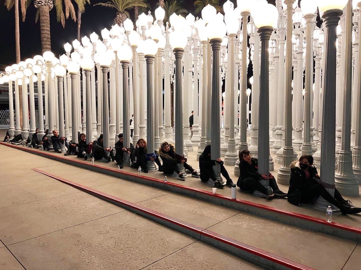 Protesters handcuffed themselves to Chris Burden’s celebrated Urban Light (2008) at the Los Angeles County Museum of Art Courtesy of protesters