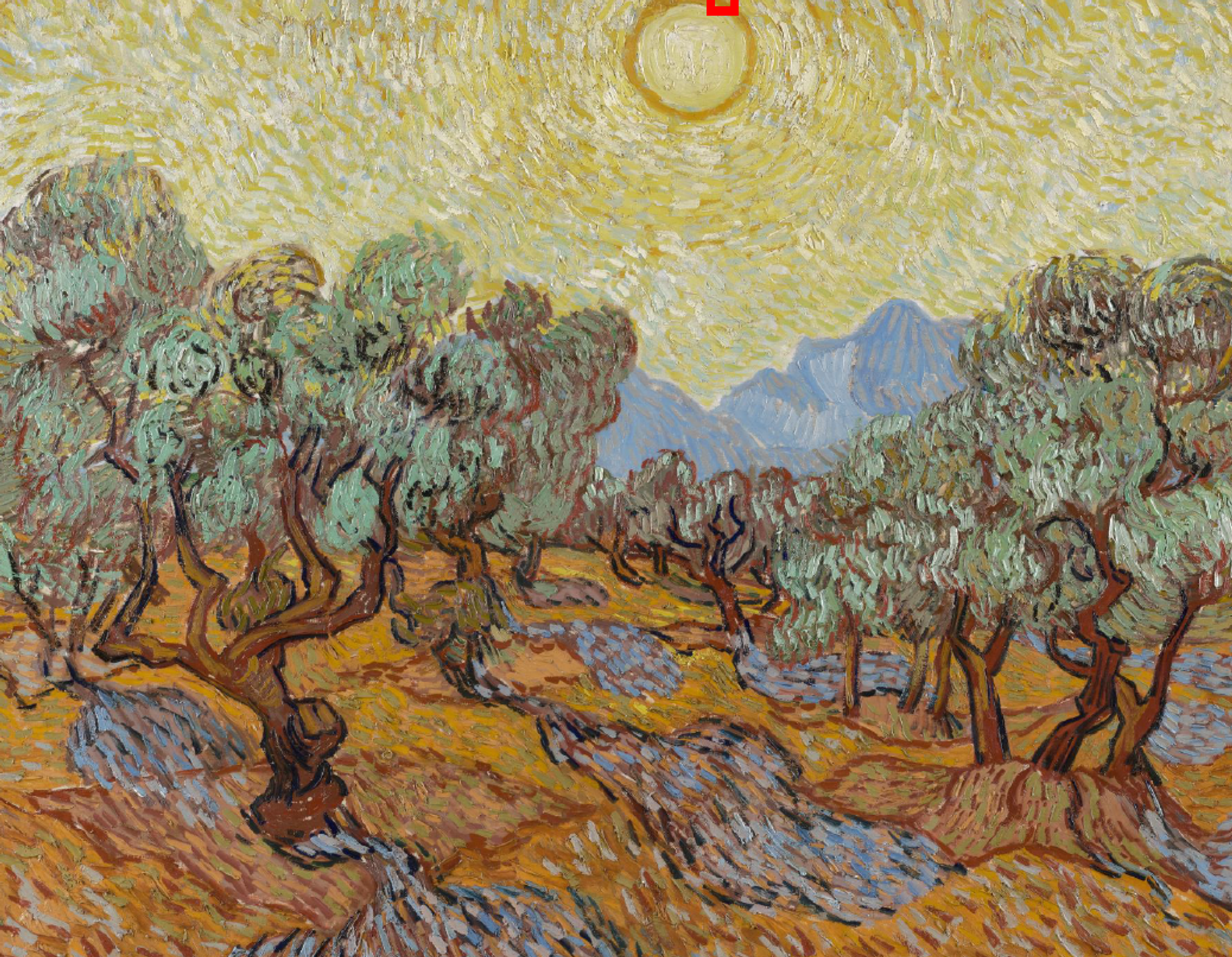 Van Gogh’s Olive Trees (November 1889), with the area of the fingerprint indicated with a red square. Courtesy of Minneapolis Institute of Art (William Hood Dunwoody Fund f710, Jh1856)