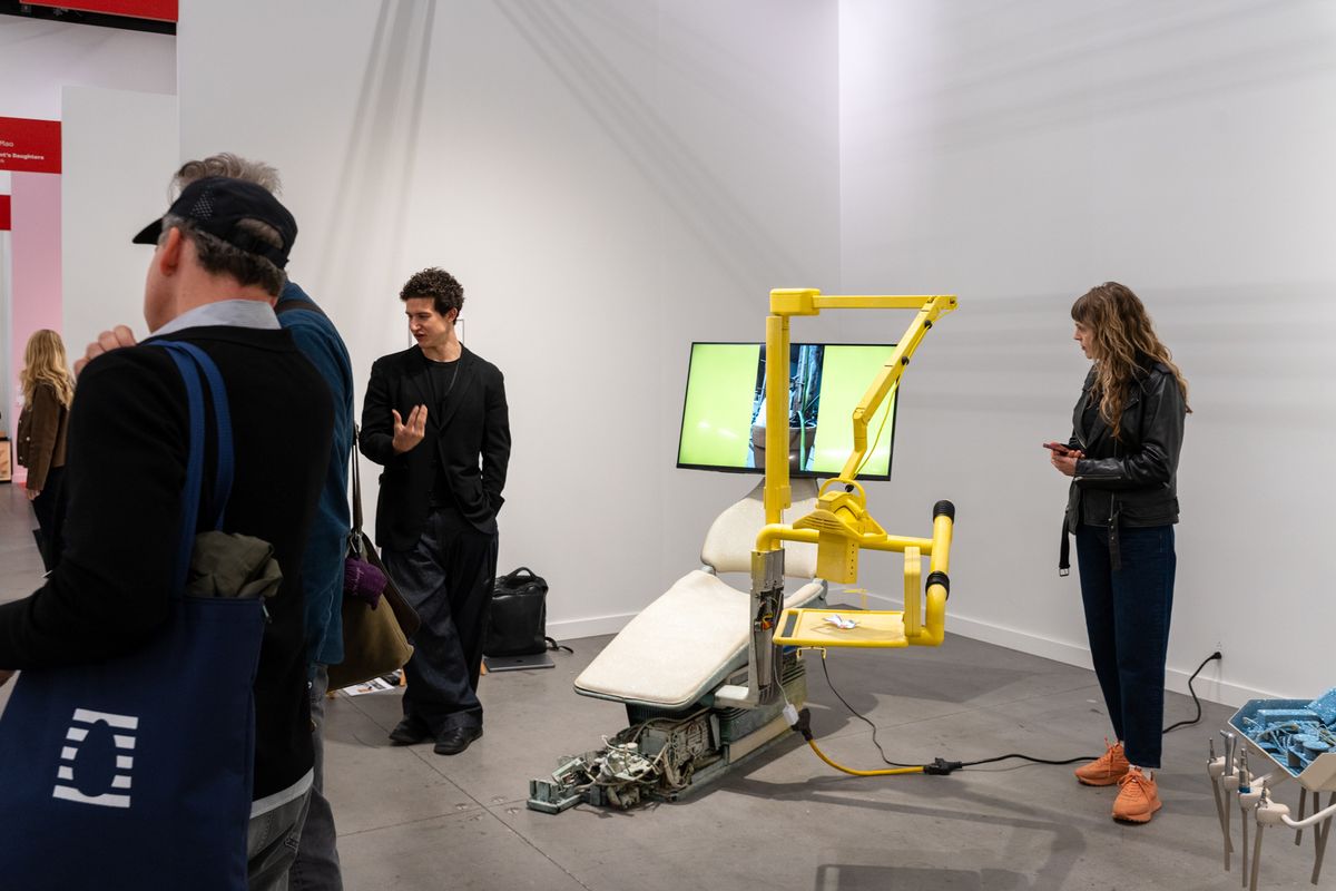 In Frieze’s Focus sector, which features less commercially minded presentations, New York-based gallery Europa is showing an installation by Aki Goto, including a dentist’s chair, glittery tools and a video screen Steven Molina Contreras