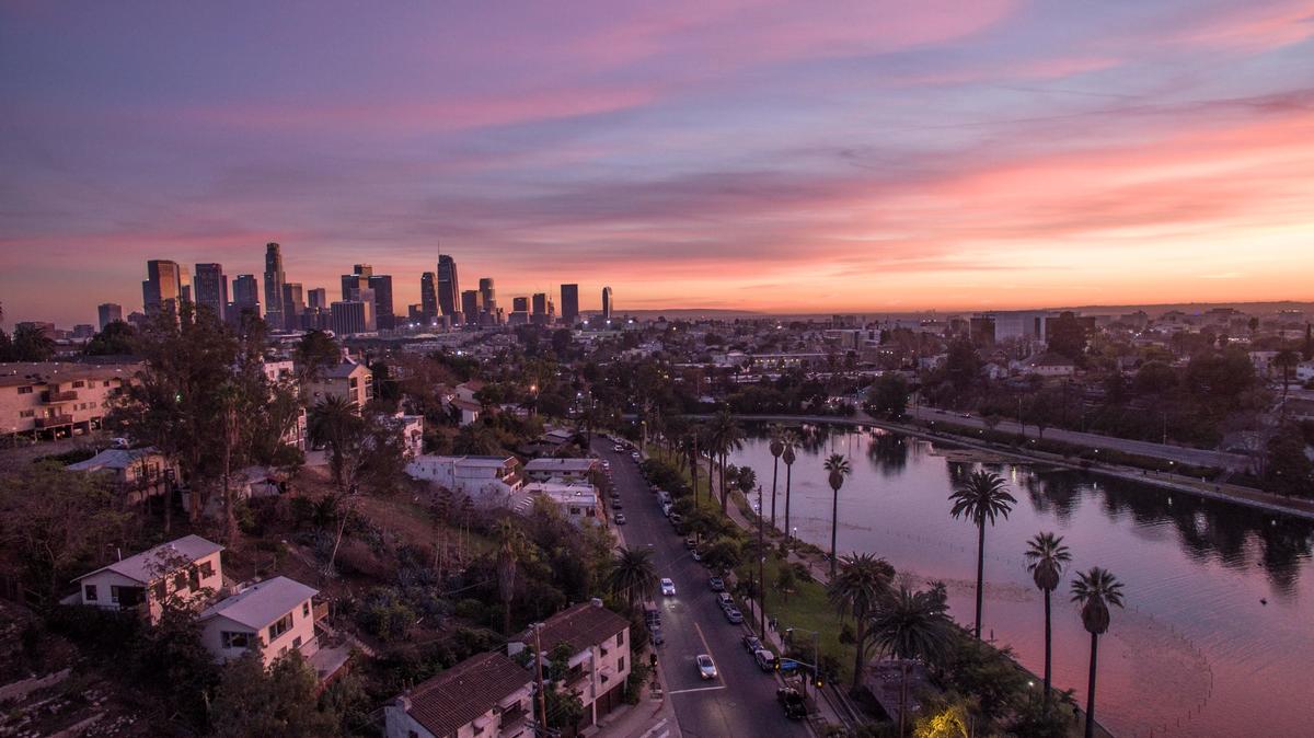 Echo Park Lake with the Downtown Los Angeles Skyline in the distance Photo: Adoramassey via Wikimedia Commons