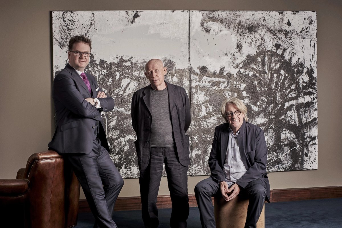 Ewan Venters (left), CEO Fortnum & Mason, John Virtue, and Frank Cohen in front of Virtue’s Landscape No. 174 courtesy Frank Cohen
