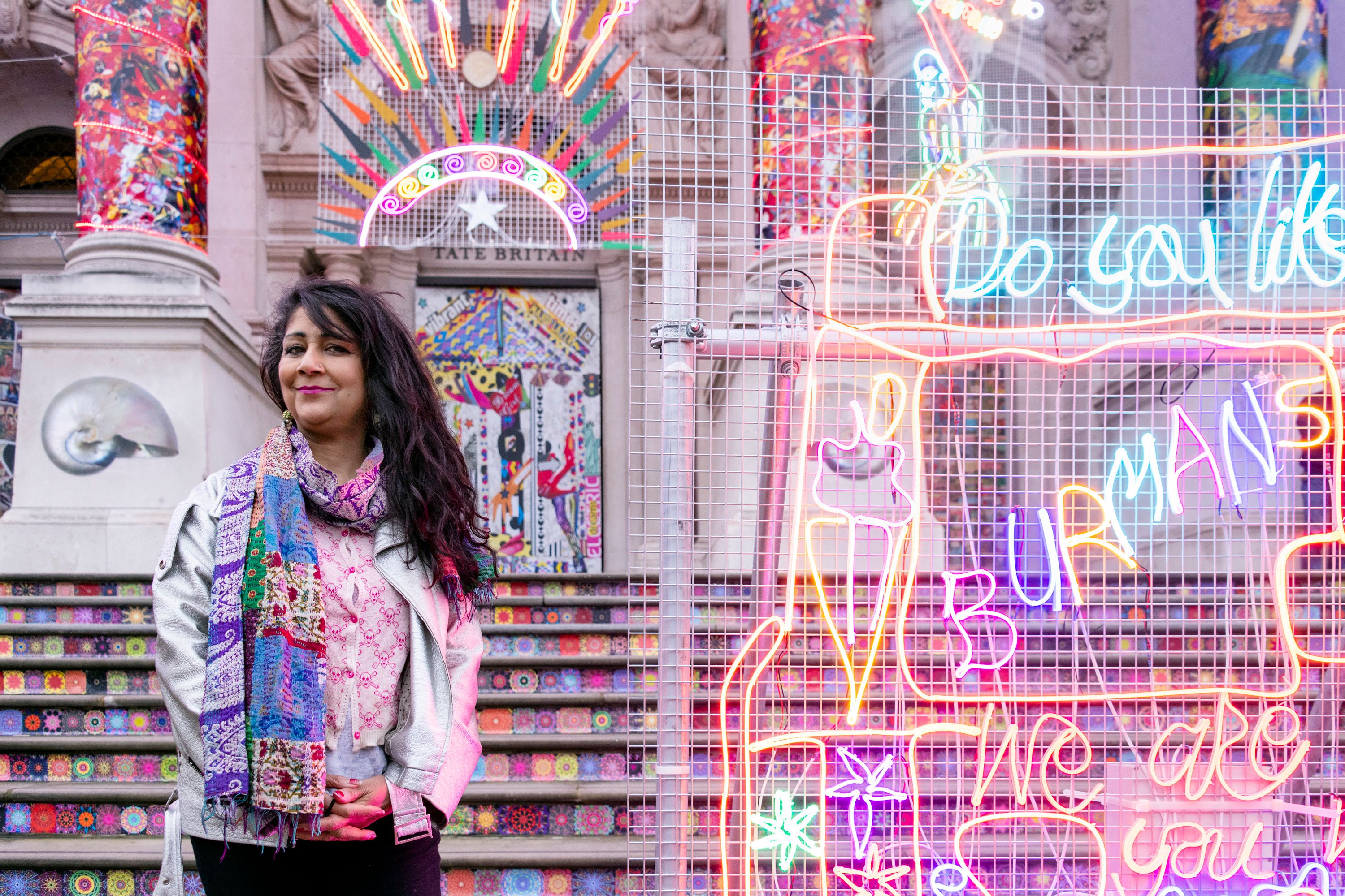 Chila Kumari Sigh Burman with her Winter Commission at Tate Britain in London Photo: © Tate 2020/Joe Humphrys