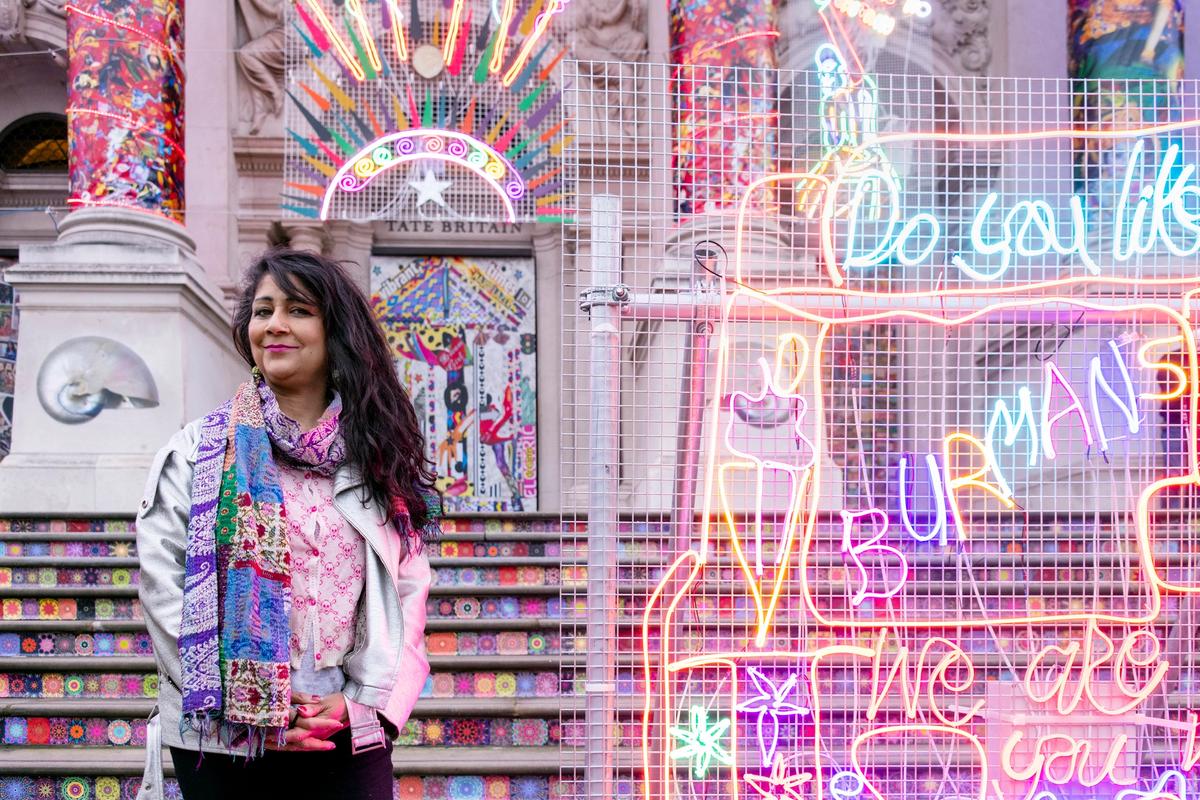 Chila Kumari Sigh Burman with her Winter Commission at Tate Britain in London Photo: © Tate 2020/Joe Humphrys