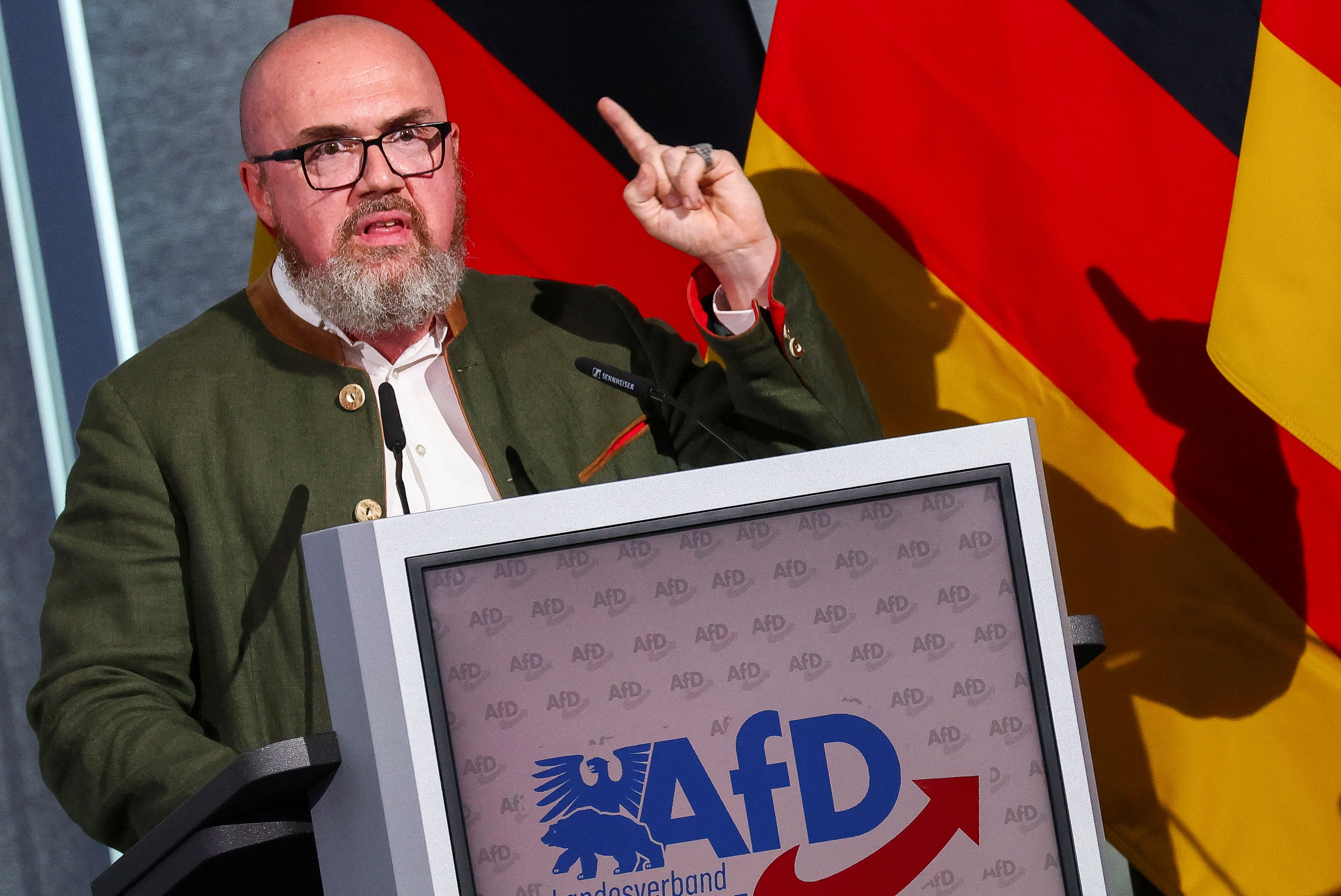 Hans-Thomas Tillschneider, the Alternative for Germany (AfD)’s deputy chairman in the Landtag of Saxony-Anhalt, speaks during a local party congress in Magdeburg in July

Photo: Reuters/Christian Mang




