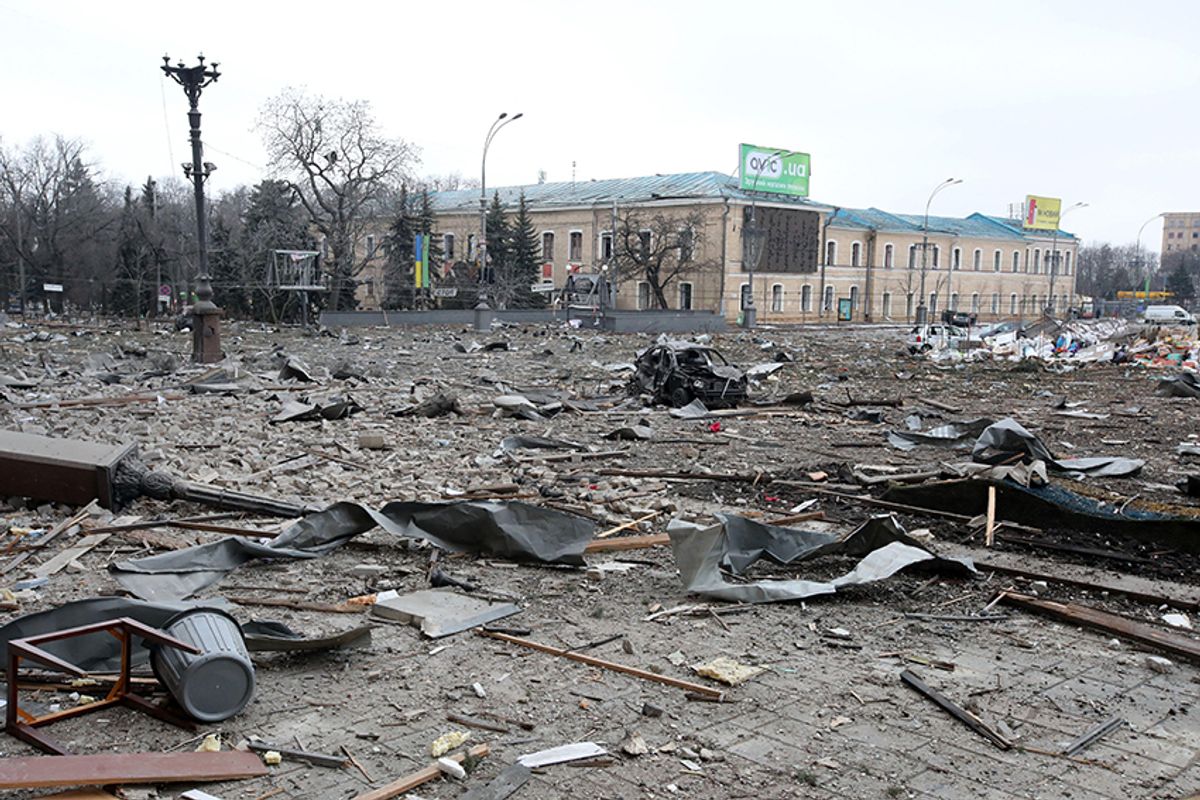 Svobody (Freedom) Square in Kharkiv, northeastern Ukraine, is covered in rubble after a missile strike by Russian forces on 1 March  © Photo by Vyacheslav Madiyevskyy/Ukrinform/abacapress.com