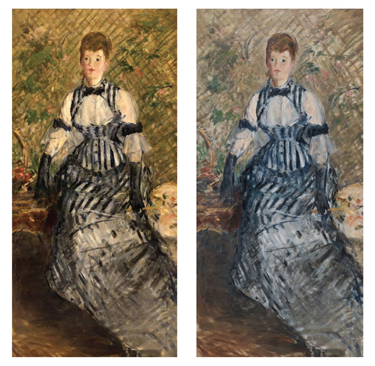 Édouard Manet, Woman in Striped Dress, before and after treatment, (1877-80) Solomon R. Guggenheim Foundation, 2018; photos: Kris McKay and Allison Chipak