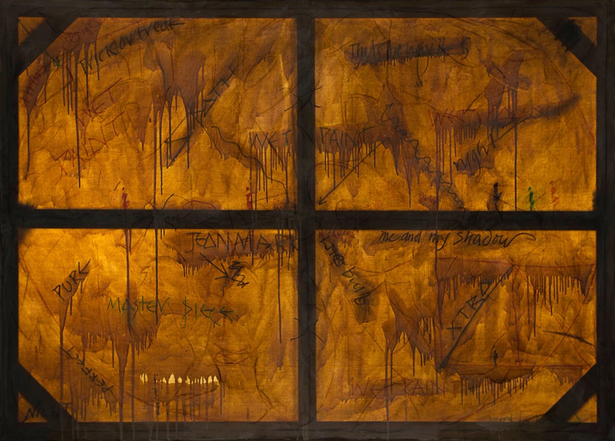 A photograph of the back of Derek Jarman's Pleasures of Italy (1972), showing the inscriptions hidden beneath the paint Private Collection (CM London). Photo: Louis Haugh