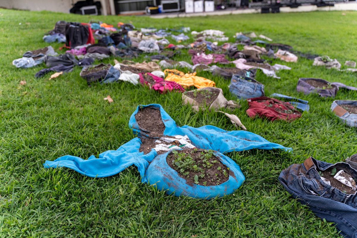 Ruben Ochoa with Cam La, Ain't No Green Without Brown, 2023. Installation view at Earth Edition, 2023. Photo: Peter Galindo / Civic Center Studios