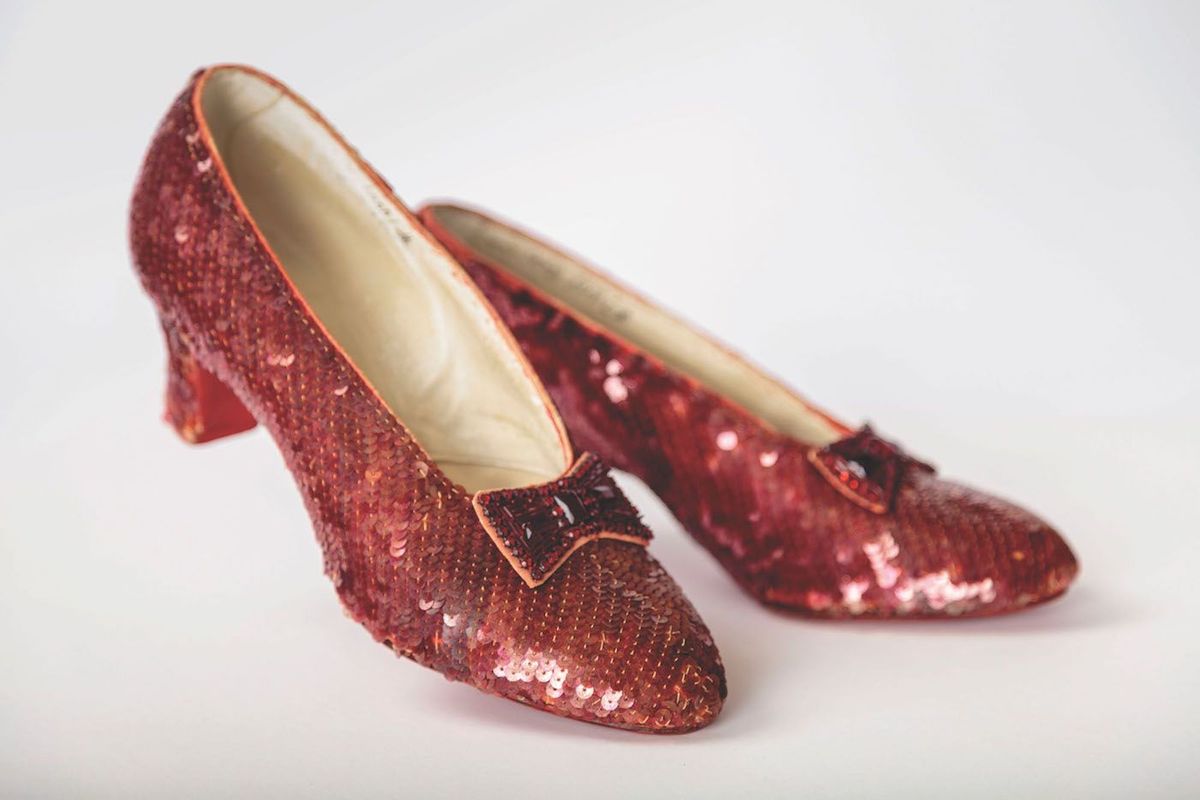 There are four extant pairs of ruby slippers worn by Judy Garland in The Wizard of Oz, including the pair that was stolen from the Judy Garland Museum. The pair pictured is in the collection of the Academy Museum of Motion Pictures in Los Angeles Joshua White; © JW Pictures/Academy Museum Foundation