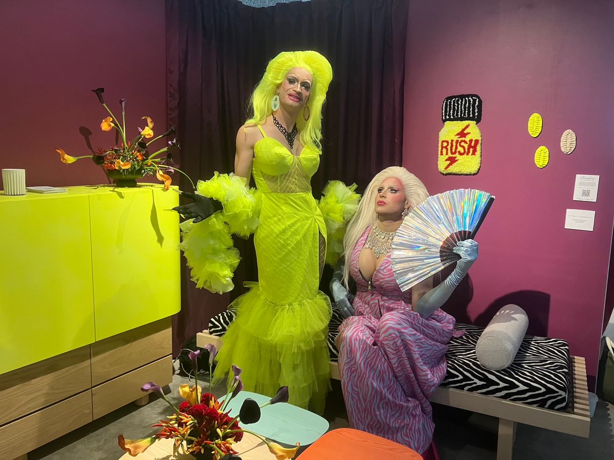 The drag queens Karjalan Piirakka (furniture designer Henri Judin) and Sanelma Hassutpallot (Judin’s supportive husband) at their stand at Collectible New York 2025 Photo: Elena Goukassian