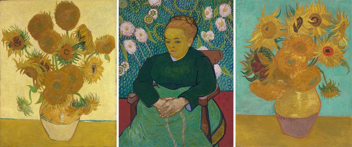 Vincent van Gogh’s Sunflowers (1888), La Berceuse (The Lullaby) (1889) and Sunflowers (1889), which were conceived by the artist as a grouping
© The National Gallery, London; Photo: © 2024 Museum of Fine Arts, Boston, Massachusetts; © Philadelphia Museum of Art, Pennsylvania;