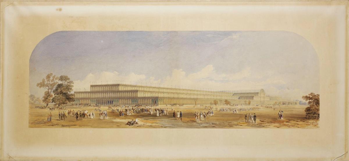 Edmund Walker’s watercolour A View of Crystal Palace in Hyde Park (1850) which is in the V&A, a museum that was founded with the profits from the Great Exhibition © Victoria and Albert Museum, London