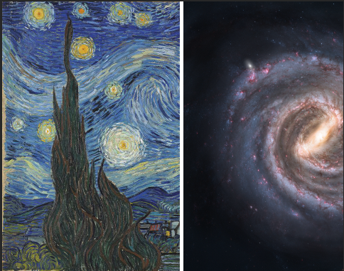 Left: Van Gogh's Starry Night (June 1889) and right: an artist's impression of the Milky Way from 2008 Van Gogh: Courtesy of the Museum of Modern Art, New York Museum of Modern Art, New York, USA / Bridgeman Images. Milky way image: Courtesy of NASA/JPL-Caltech