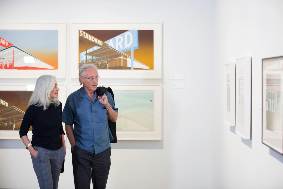 Mary Rozell and Ed Ruscha Ed Ruscha at the exhibition Ed Ruscha: Very, on show at the Louisiana Museum of Modern Art in Denmark in 2018 Photo: David Parry. Artwork: UBS Art Collection © Ed Ruscha