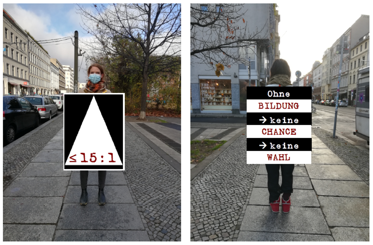 Adrian Piper and her followers will be holding sandwich boards that read ≤15:1 on one side and ‘Ohne Bildung -> keine Chance -> keine Wahl’ (Without Education -> No Chance -> No Choice) on the other © Adrian Piper Research Archive Foundation, Berlin