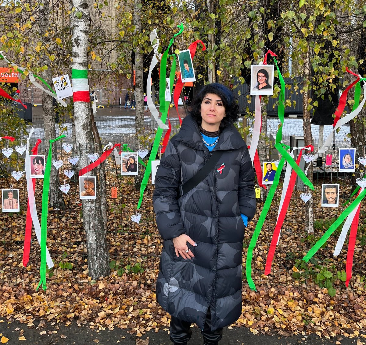 Iranian artist Anahita Rezvani-Rad in front of her work Say Their Names installed outside Tate Modern
Photo: Louisa Buck