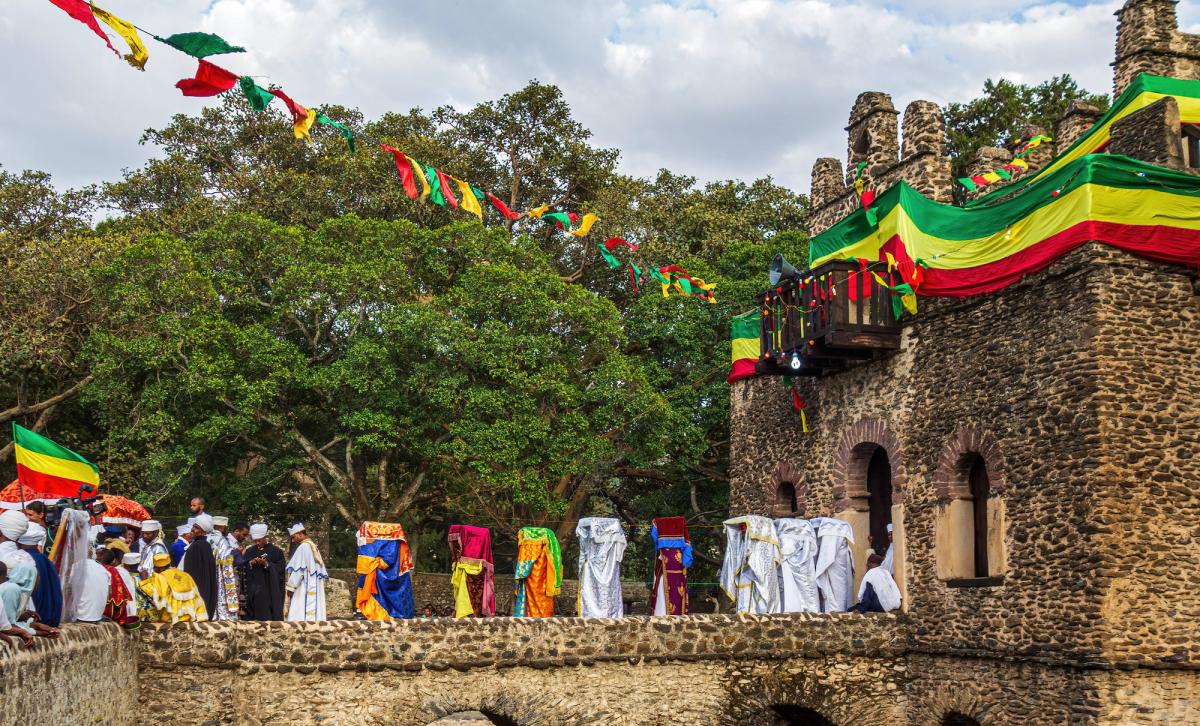 Ethiopian orthodox priests taking part in an annual ceremony at the Fasilides Bath compound, located in the city of Gondor, while carrying a tabot

Photo: Picturellarious
