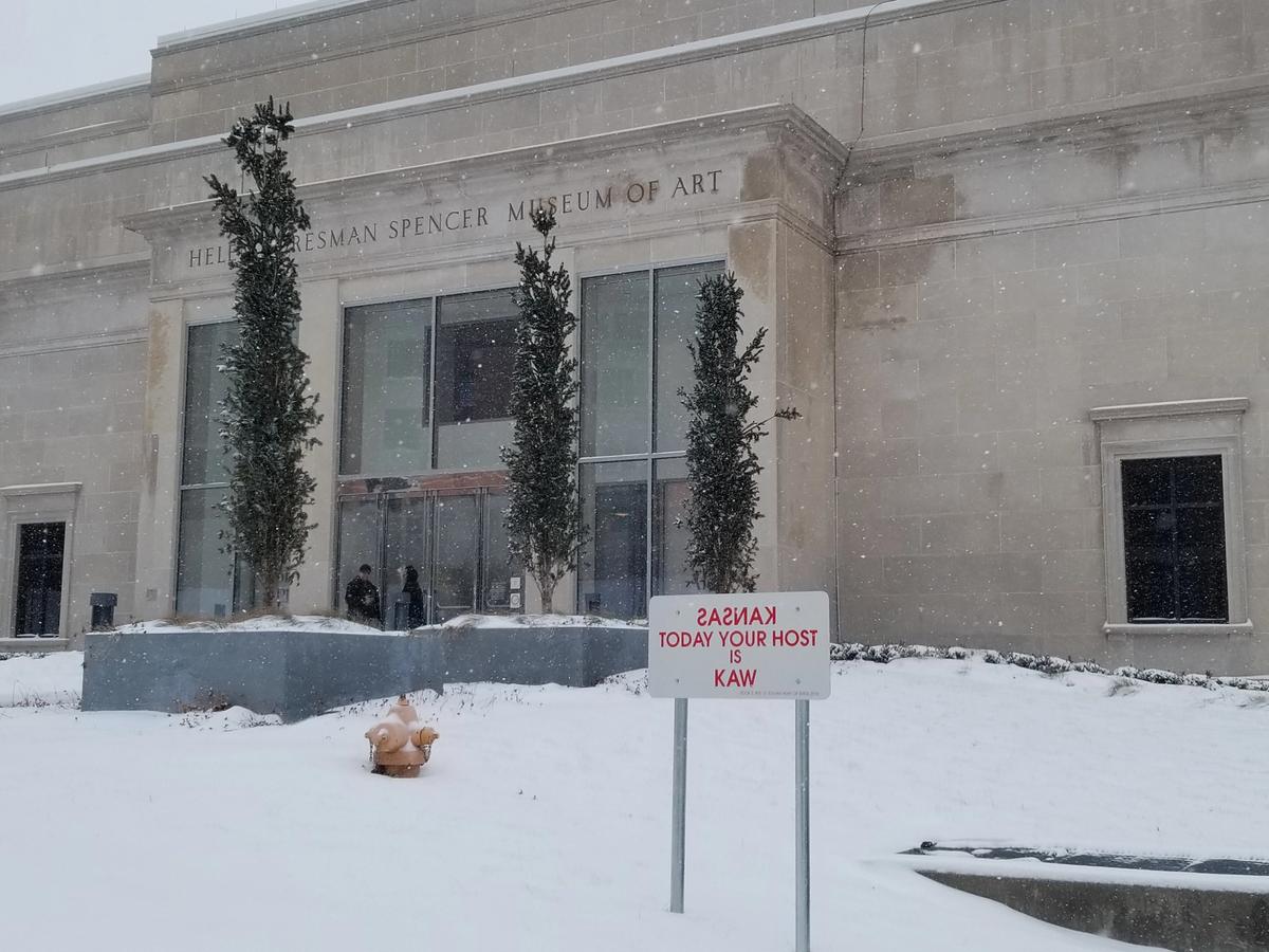 One of the works in Native Hosts by Hock E Aye Vi Edgar Heap of Birds installed at the Spencer Museum of Art at Kansas University earlier this year. Courtesy the artist.