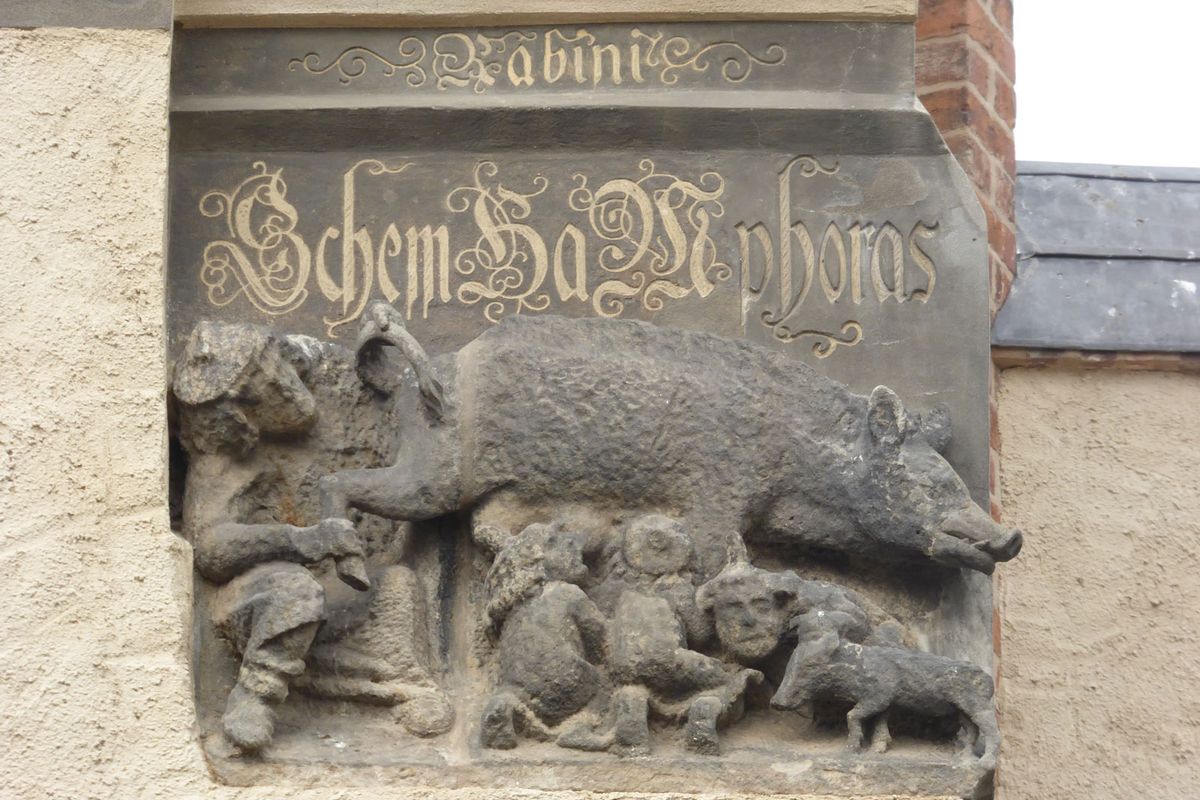 The so-called Judensau relief on the façade of the Wittenberg church where Martin Luther preached 