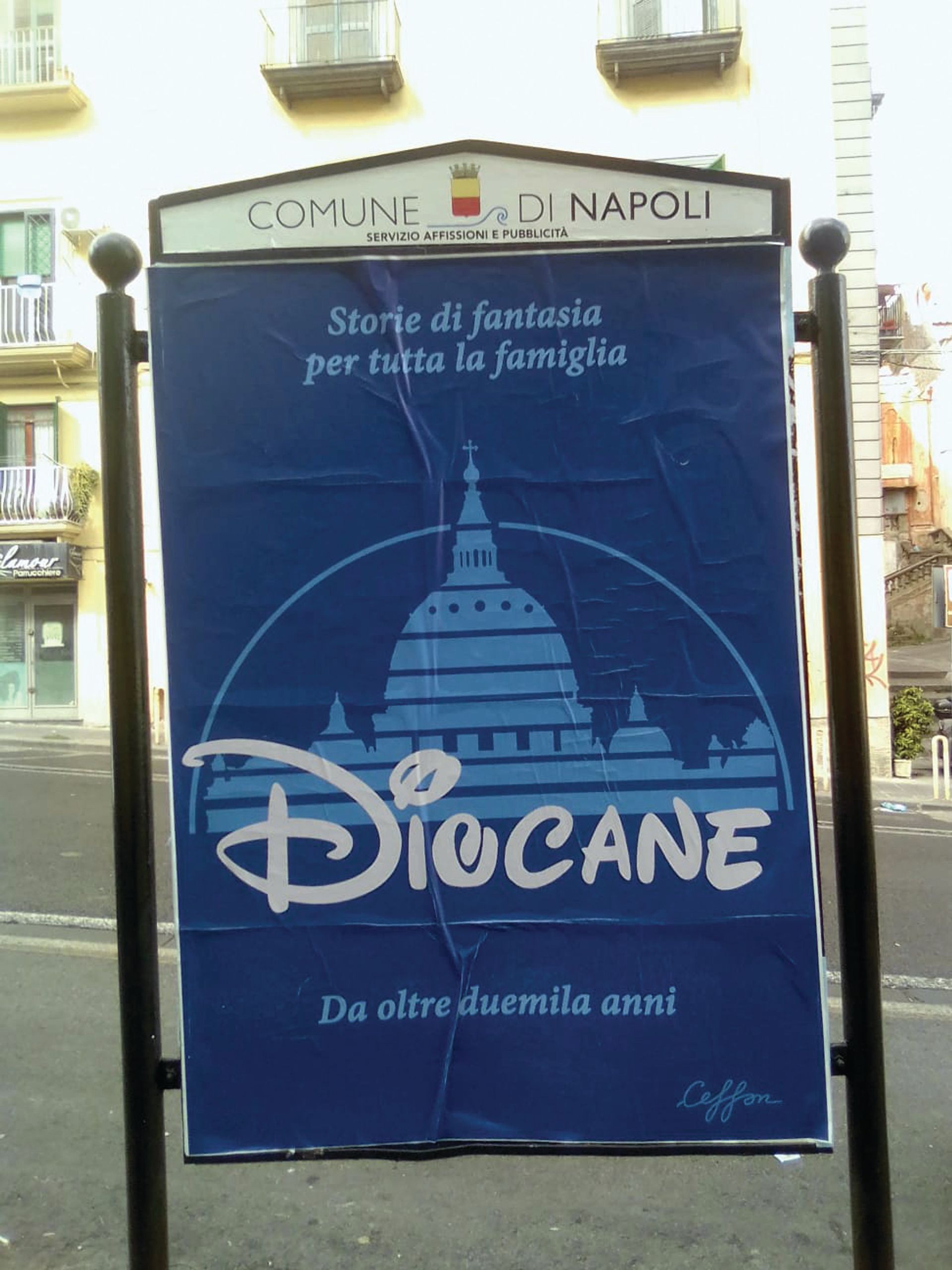 The “subadvertising” campaign altered the designs of famous brands to display expletives such as “dio cane” (dog God). Photo: Ceci n’est pas un blasphème. 