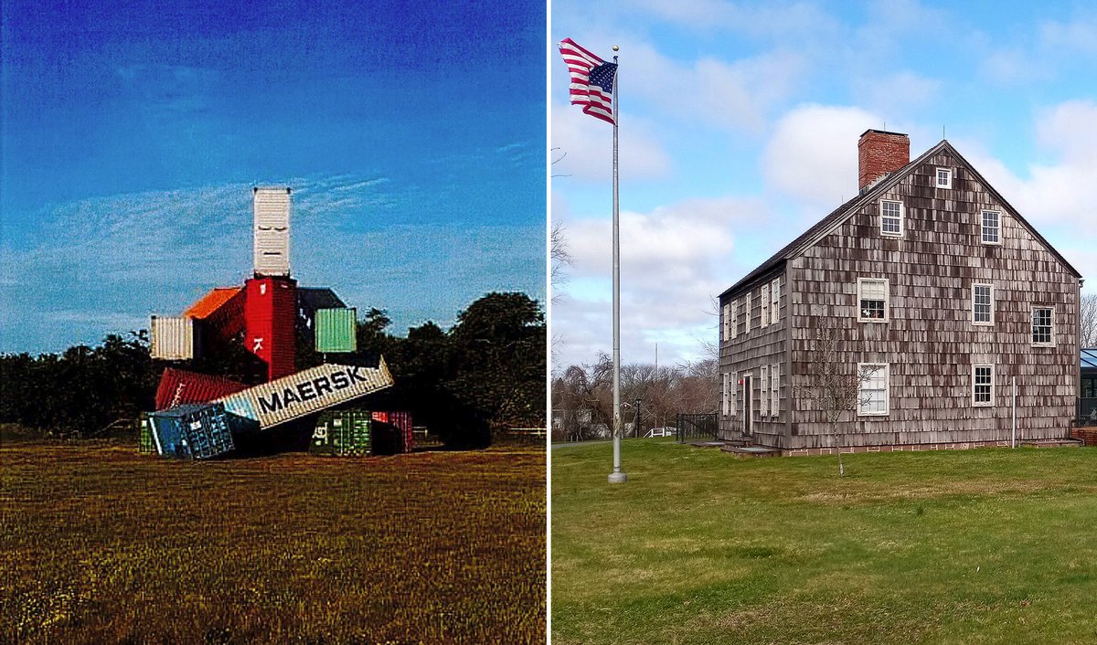 Matt Johnson's large-scale sculpture Meditating Figure (2026), seen at left, is at the centre of a lawsuit between the organisation the Ranch and the municipality of East Hampton, whose town hall is seen at right Sculpture: via court documents. Town hall: Photo via Wikimedia Commons by Don Ramey Logan, CC-BY-SA 4.0