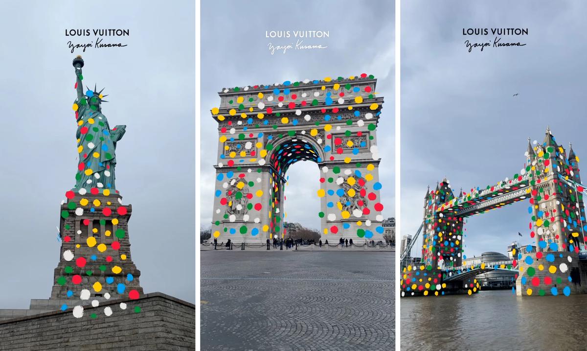 Snap created a Lens for the Louis Vuitton-Yayoi Kusama collaboration in 2023 that allowed users to overlay multicoloured dots on famous monuments including the New York's Statue of Liberty, the Arc de Triomphe in Paris and London's Tower Bridge
Photo: Snap Inc. | Louis Vuittion x Yayoi Kusama