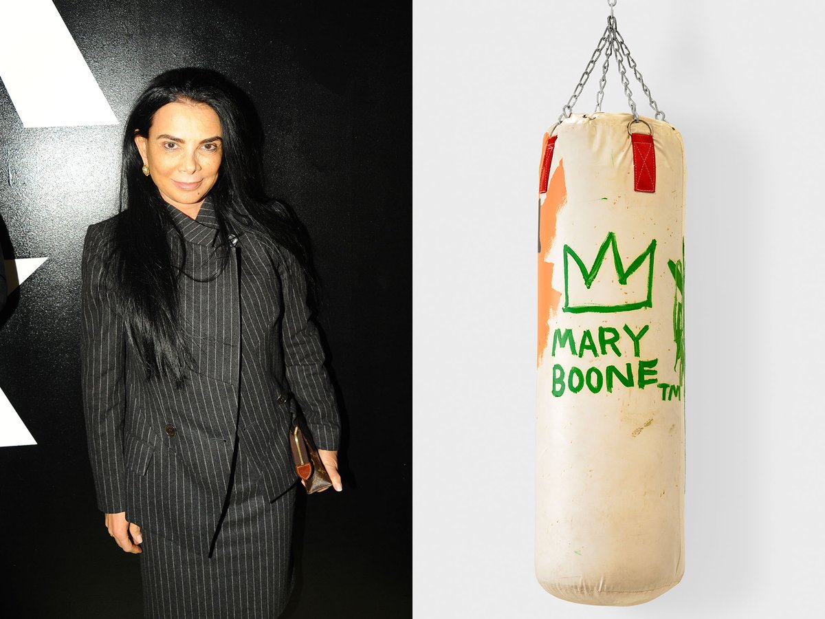 Mary Boone (left) and Jean-Michel Basquiat's Untitled (Mary Boone) (1984-85) Boone: ©Patrick McMullan. Basquiat: © Estate of Jean-Michel Basquiat. Licensed by Artestar, New York