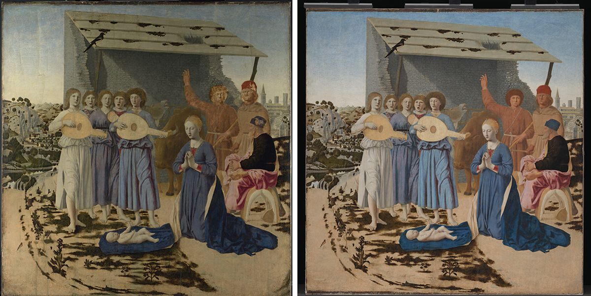 Before and after: previous restorations of Piero della Francesca’s Nativity had, among other blunders, virtually decapitated the shepherds through overcleaning (left); the latest restoration (right) used the artist’s still surviving underdrawing to paint them partially back in without disrupting the overall effect
© The National Gallery