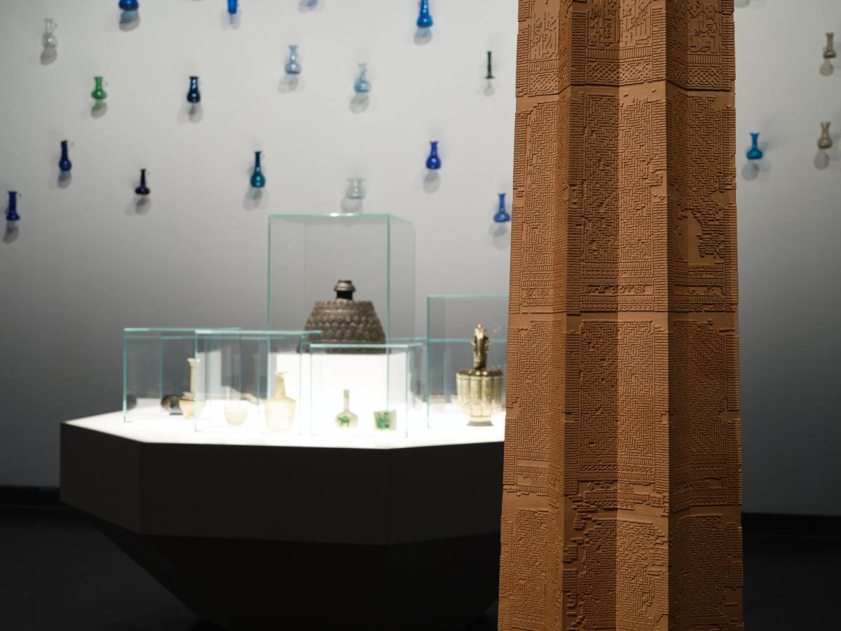 Installation view with an early 13th-century ewer (Ghurid or Ilkhanid period) with silver and copper inlaid decoration displayed on the far right

Photo: Museum of Islamic Art, Doha