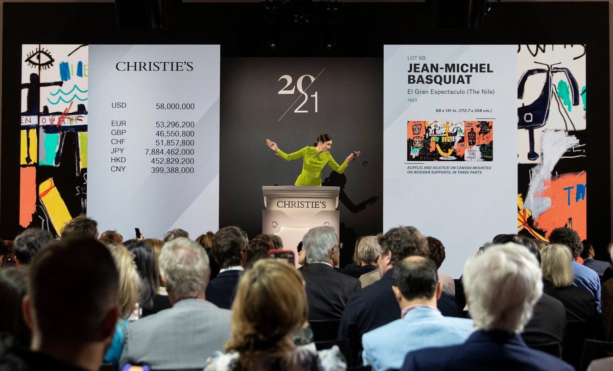 Georgina Hilton selling Jean-Michel Basquiat’s 1983 painting El Gran Espectáculo (The Nile) at Christie's in New York