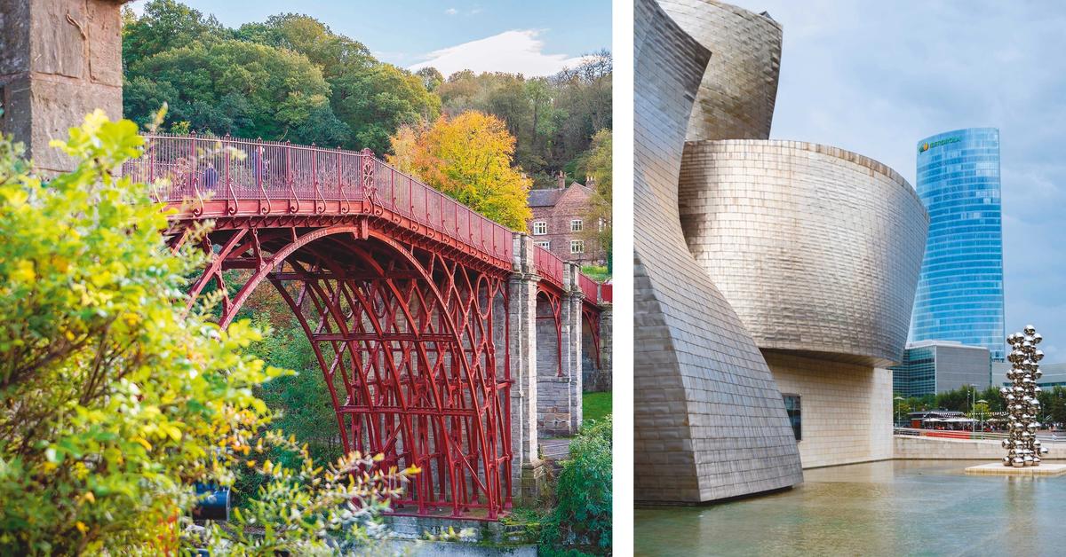 The Ironbridge Gorge Museum Trust in Shropshire (left); Frank Gehry’s Guggenheim Museum Bilbao (right) Courtesy Ironbridge Gorge Museum /  © David Rodriguez Sanchez