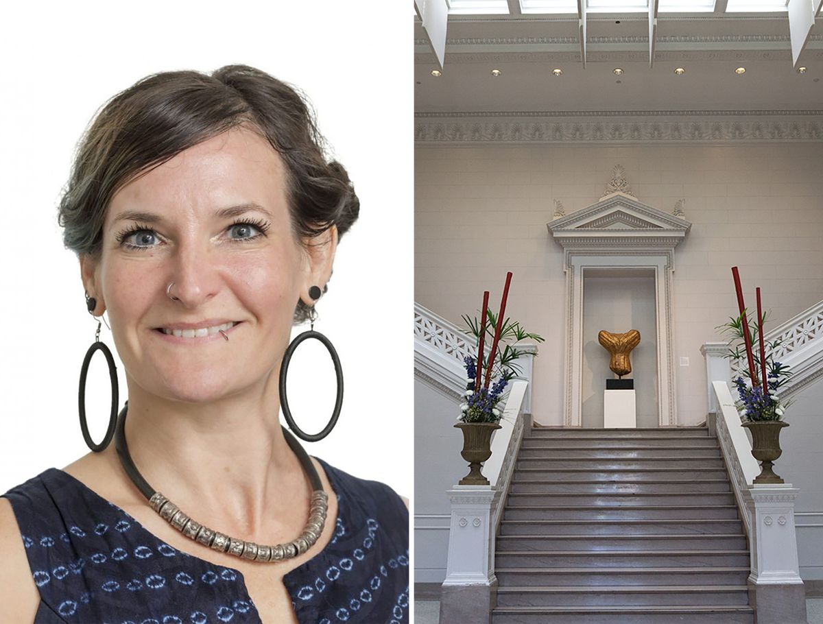 Left: Amanda M. Maples, the new curator of African art at the New Orleans Museum of Art. Right: One of the galleries in the New Orleans Museum of Art's original Beaux-Arts building Maples photo courtesy Amanda M. Maples, New Orleans Museum of Art. Interior photo by Jami430, via Wikimedia Commons