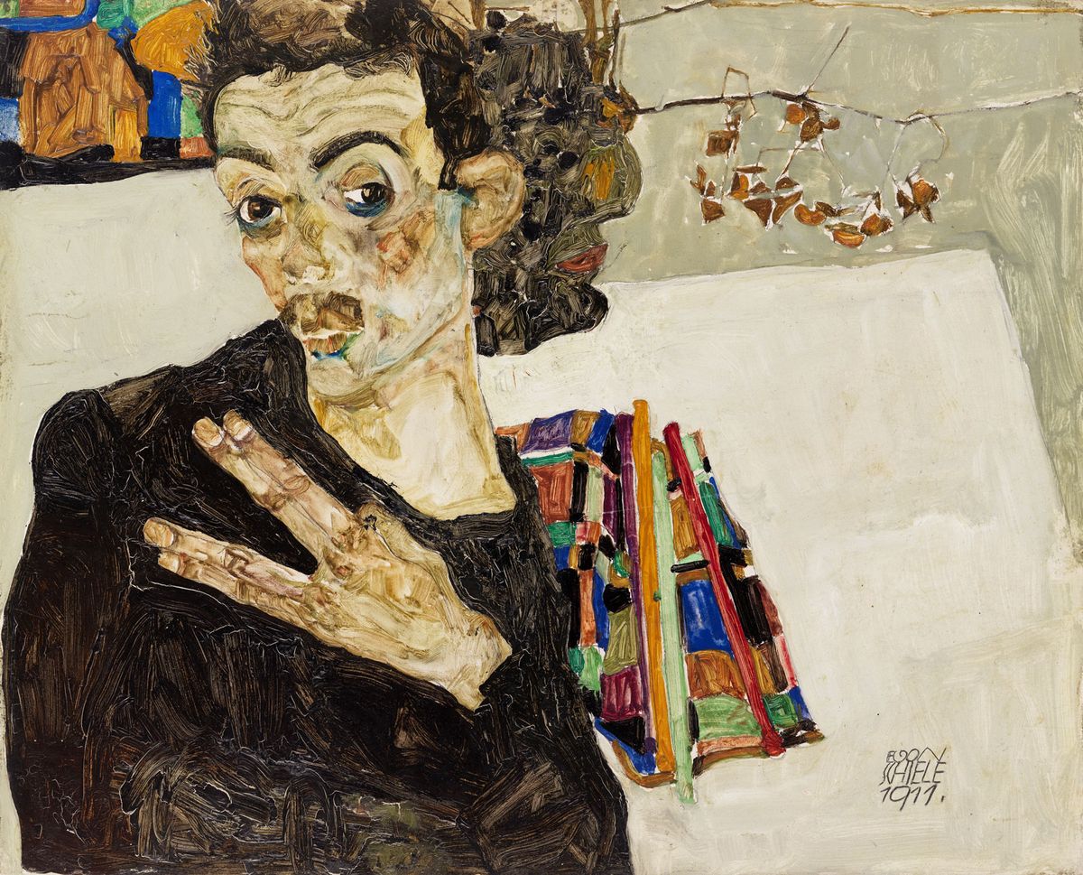 Egon Schiele, Self-Portrait with Black Clay Vase and Spread Fingers (1911) Wien Museum, Vienna