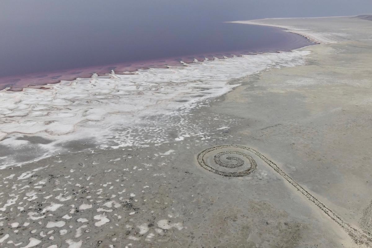 An aerial view shows the Spiral Jetty along the shore of the Great Salt Lake in Utah, in October 2020 AP Photo/Julio Cortez