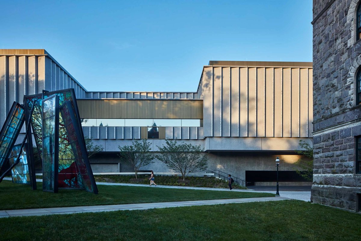 The west façade of the Princeton museum—with Doug and Mike Starn’s (Any) Body Oddly Propped (2015)—which replaced a 19th-century building demolished in 2021
Photo: Richard Barnes; courtesy Princeton University Art Museum