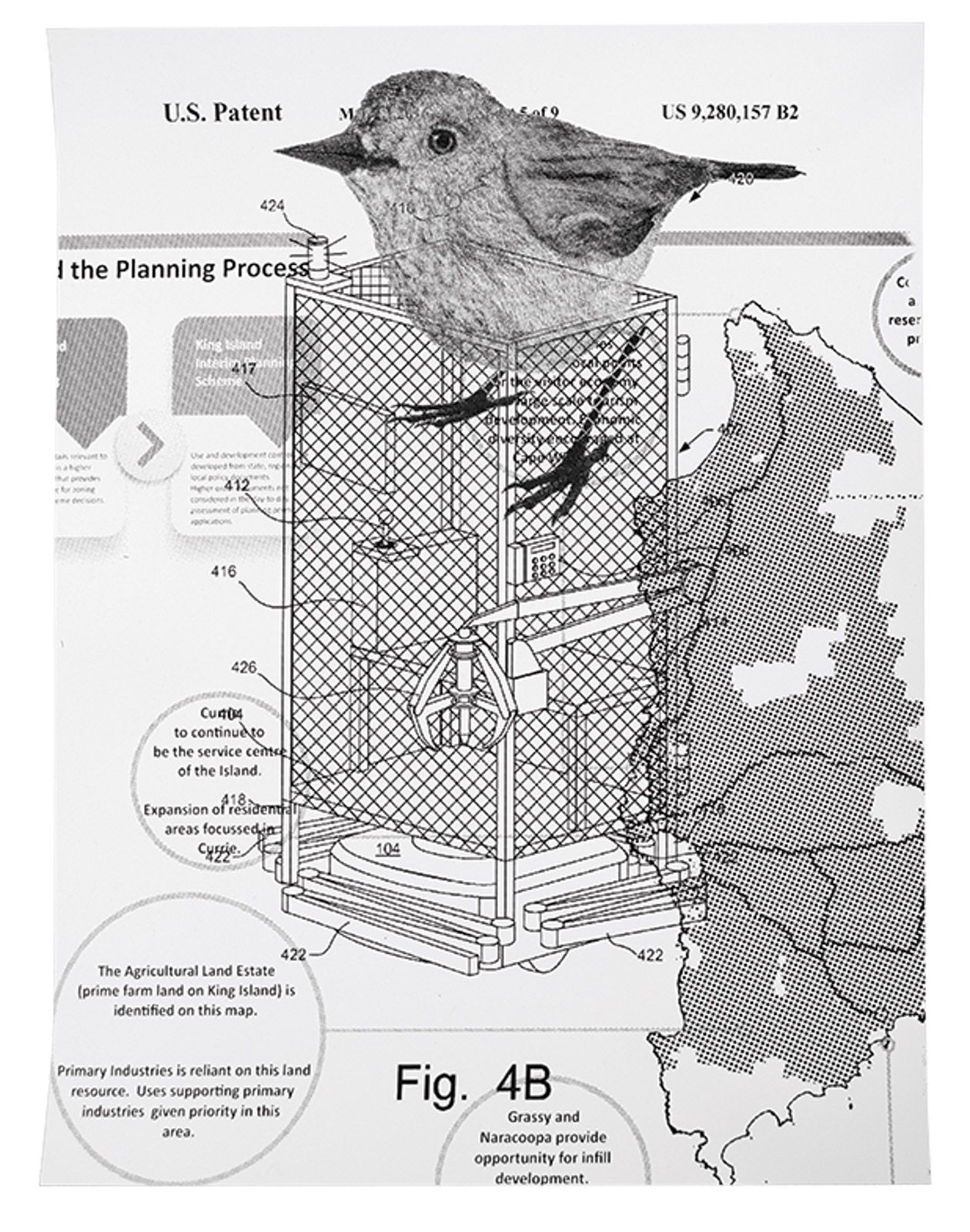 A working drawing of a sculpture and the King Island brown thornbill by Simon Denny © Simon Denny, Mikael Brain.