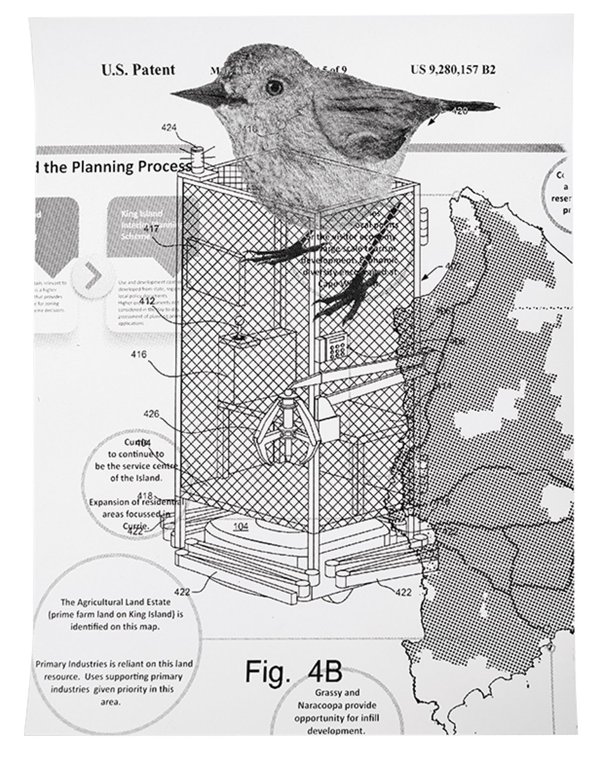 A working drawing of a sculpture and the King Island brown thornbill by Simon Denny © Simon Denny, Mikael Brain.