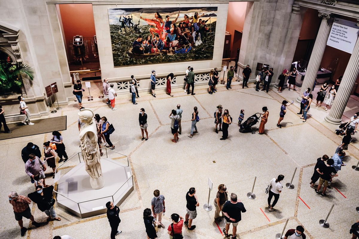 Socially distanced visitors in the Great Hall of the Metropolitan Museum of Art in New York on 29 August, reopening day Photo: Nina Westervelt/Bloomberg via Getty Images