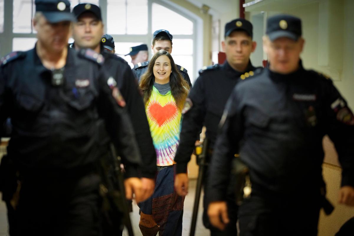 Skochilenko being escorted to her hearing Vasileostrovsky district court, St. Petersburg, on Thursday

Photo: Associated Press / Alamy Stock Photo