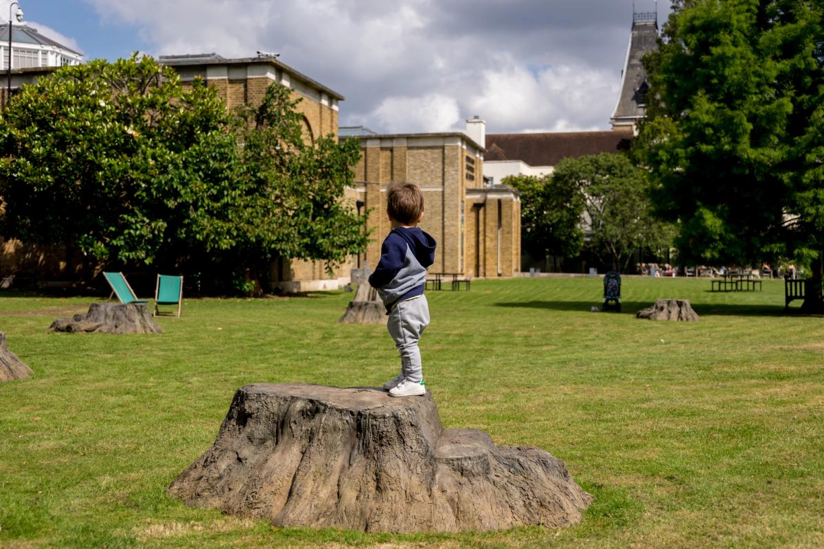 A child plays on Rob and Nick Carter’s installation Bronze Oak Grove (2017). The work has been purchased as part of the gallery’s Open Art programme, a £5m development that will see works that visitors can interact with in different ways fill the grounds

Photo: Graham Taylor